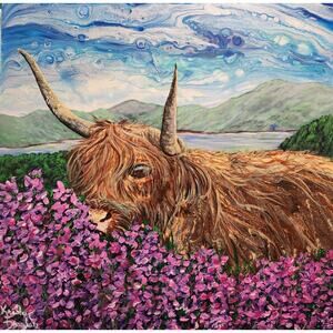 Art Print from my Original Work 12" x 12" "Highland Cow in Heather" Acid Free